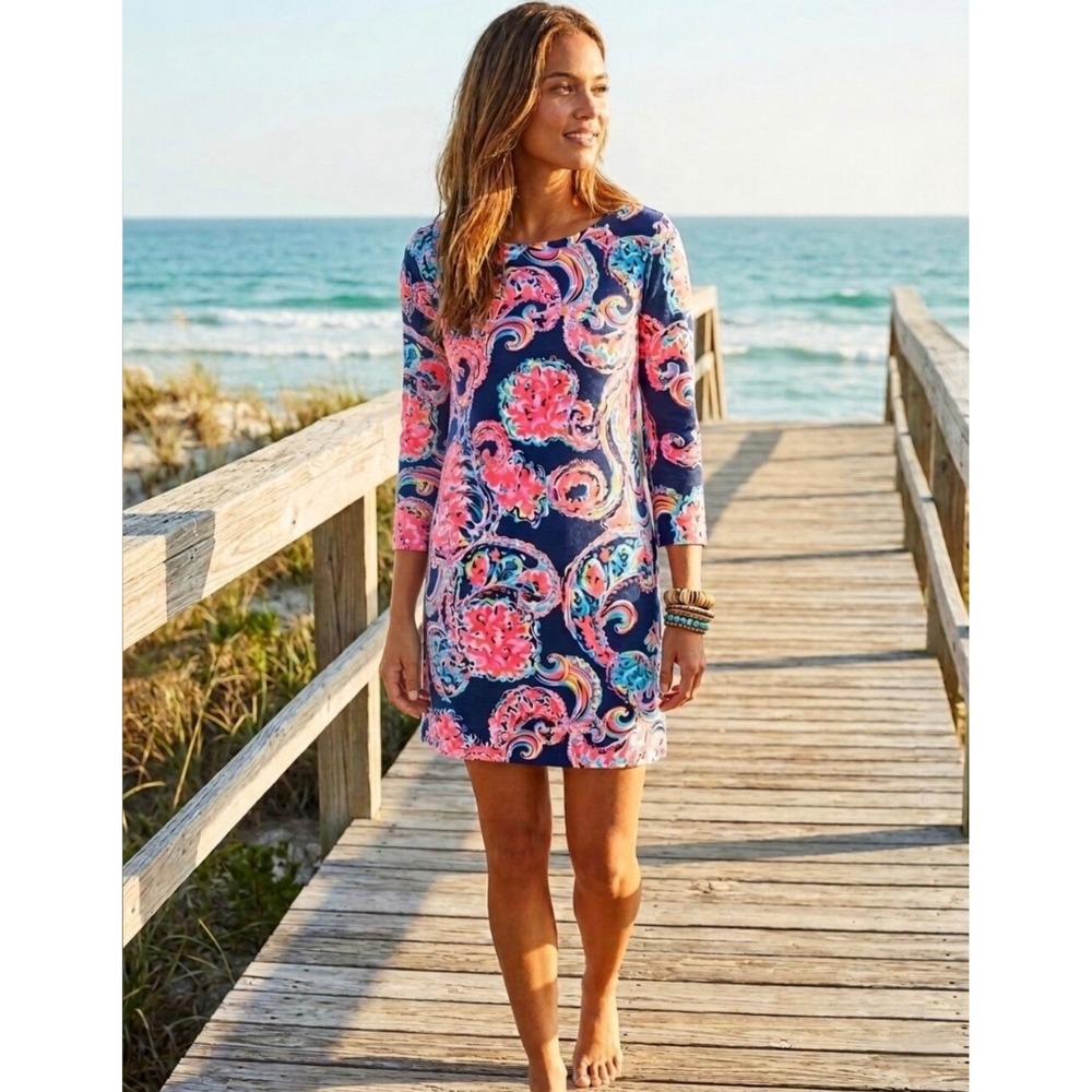 Lilly Pulitzer 3/4 Sleeve Linden Dress Bright Navy Pop Up Pima Cotton Size Small